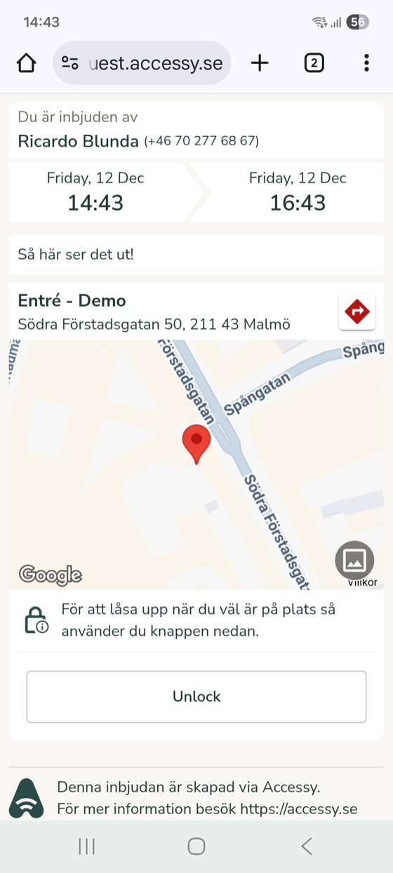 Exempel: gästaccess öppnad i mobilens webbläsare